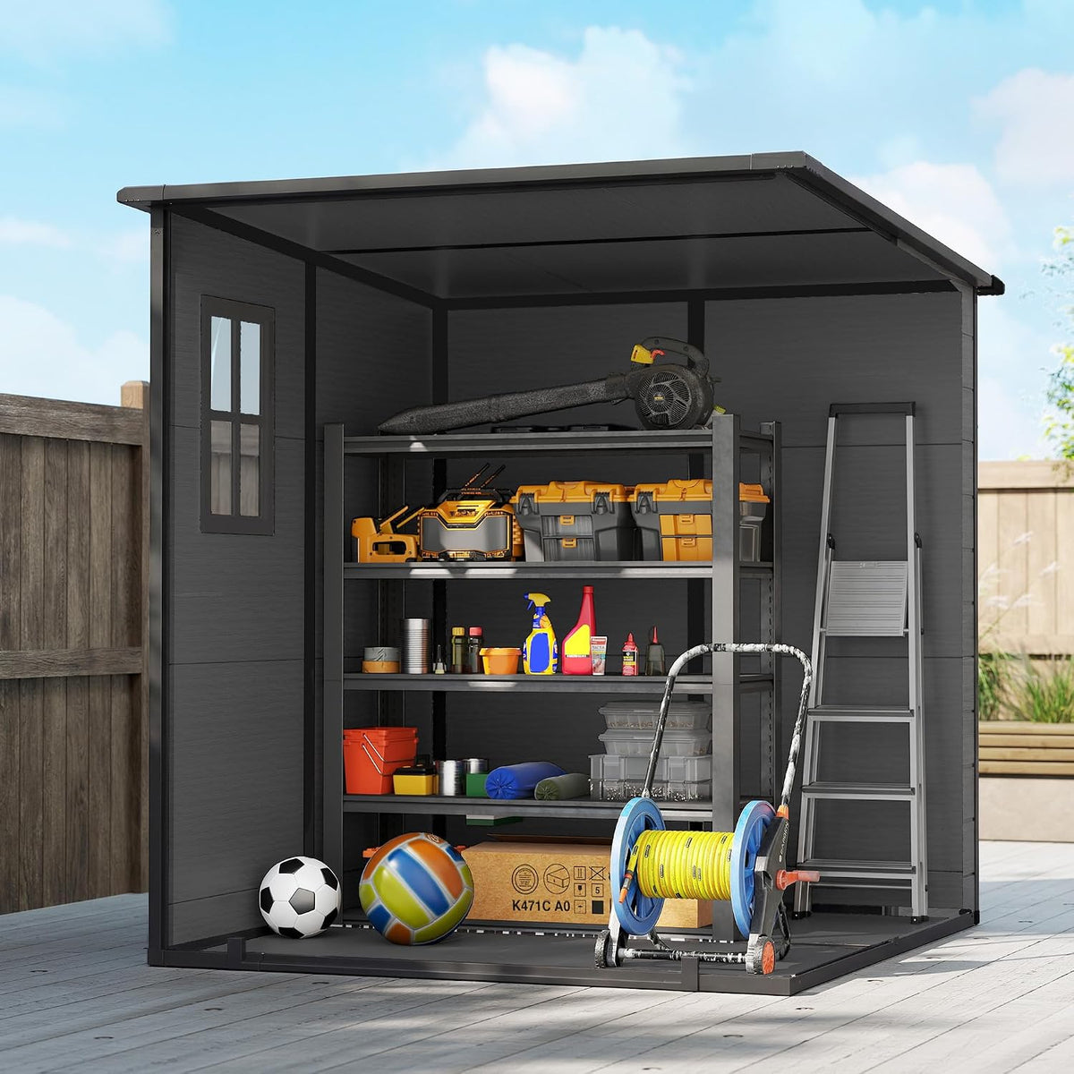 Plastic Garden Storage Shed 6 X 6 Ft Dark Gray Aluminum Frame Double Doors
