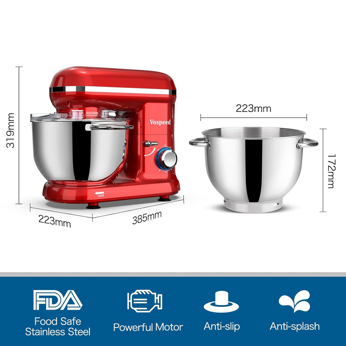 Stand Mixer 6.6 Qt 1500W 6 Speed Red