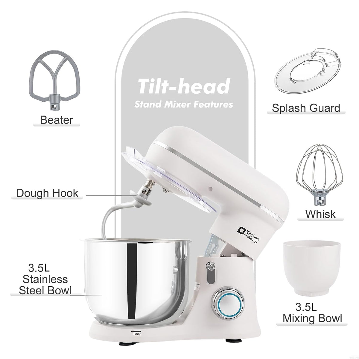 Mini Stand Mixer 3.7 Qt 10 Speed 800W Dough Hook Whisk Beater Gray White