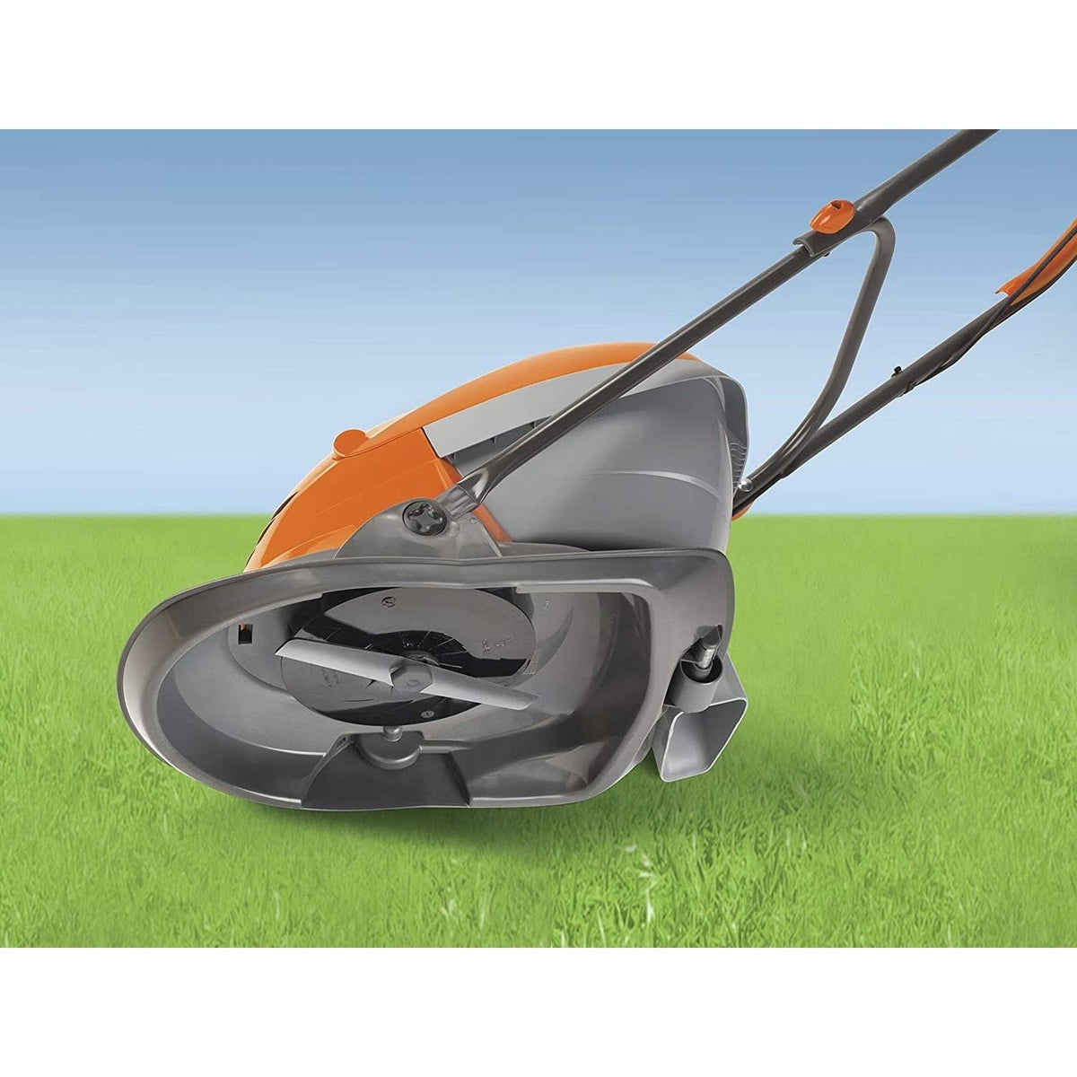 Hover Lawn Mower 9.8in 1400W 4 Gal Grass Box 4 Cutting Heights Orange Gray