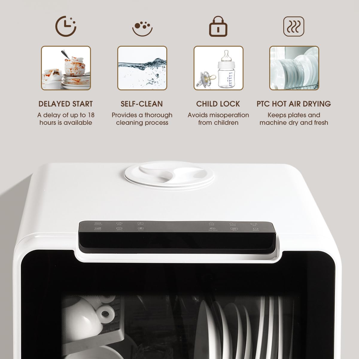 Table Top Dishwasher 5.3 Qt Water Tank 8 Programs Child Lock White