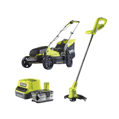 Cordless Lawnmower And Grass Trimmer Twin Kit 13in 9.8in 18V Green