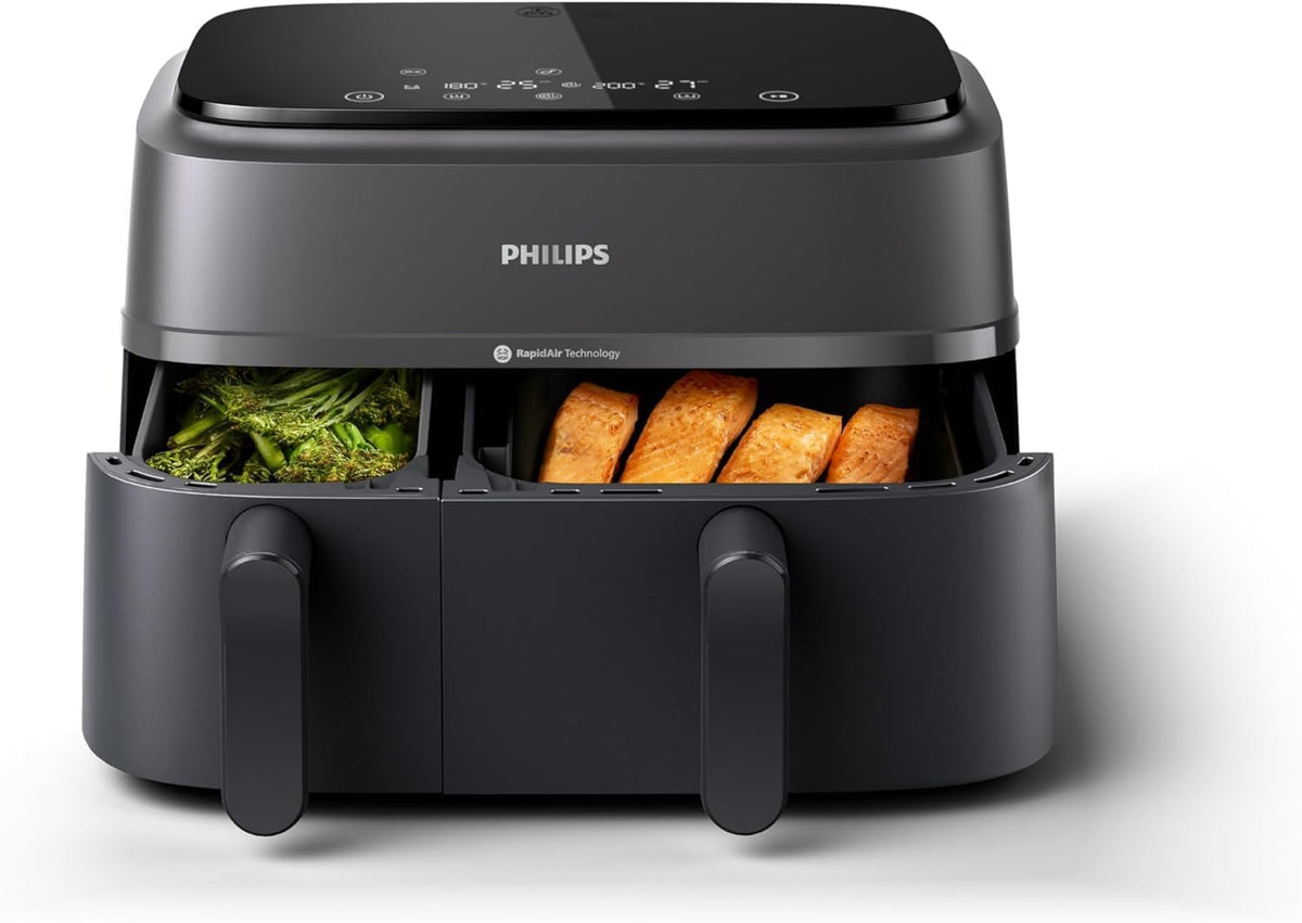Dual Air Fryer 9.5 Qt 2750W 13 Presets Digital Touchscreen Black & Silver