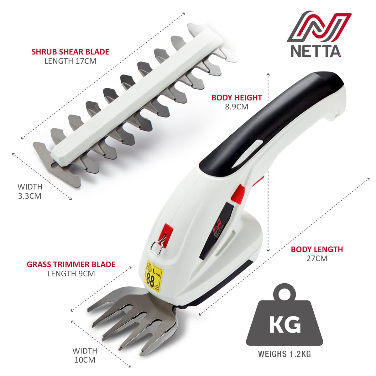 2-in-1 Cordless Hedge Trimmer & Grass Shear 7.2V 1500mAh 6.7in Blade Black White