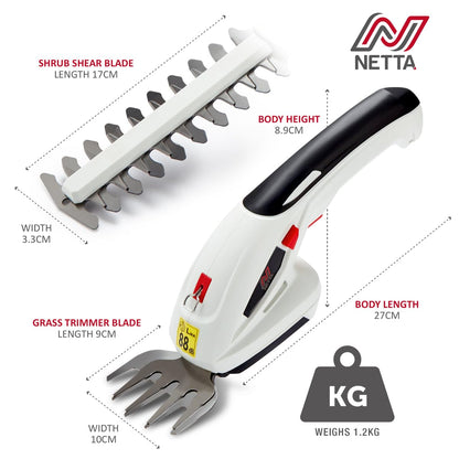 2-in-1 Cordless Hedge Trimmer & Grass Shear 7.2V 1500mAh 6.7in Blade Black White