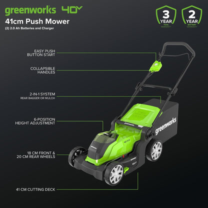 Cordless Lawnmower 16.1in Cutting Width 13.2 Gal Bag 2x 40V 2Ah Batteries