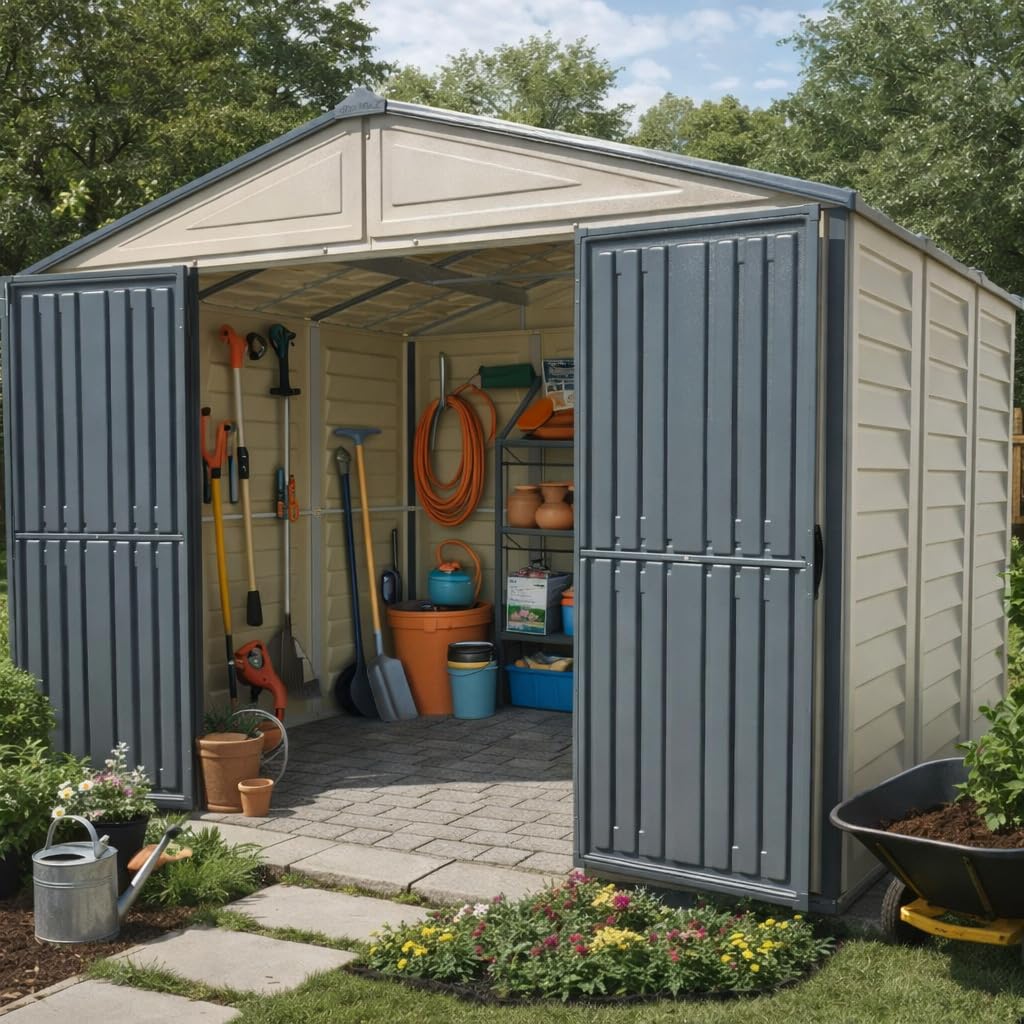 Plastic Garden Storage Shed 10.5 X 8 Ft Double Doors Lockable Dark Gray