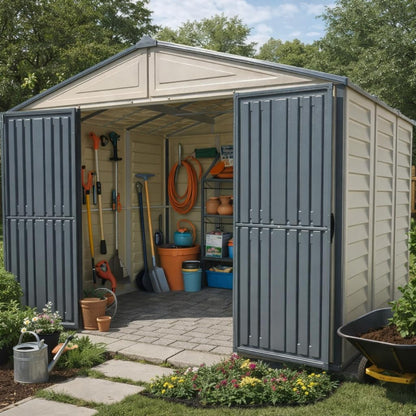 Plastic Garden Storage Shed 10.5 X 8 Ft Double Doors Lockable Dark Gray
