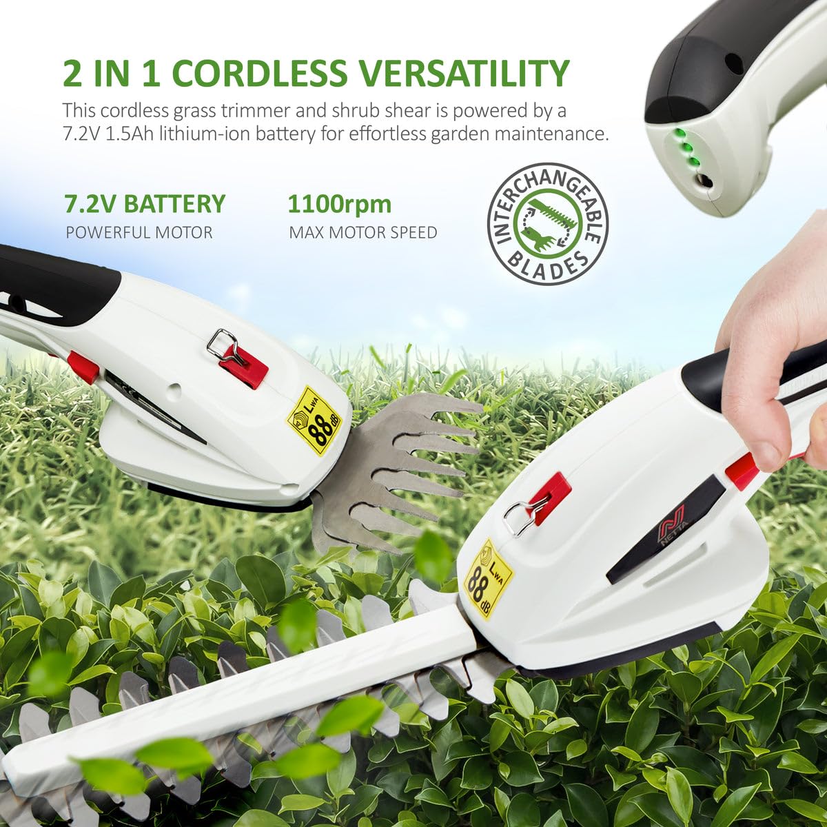 2-in-1 Cordless Hedge Trimmer & Grass Shear 7.2V 1500mAh 6.7in Blade Black White