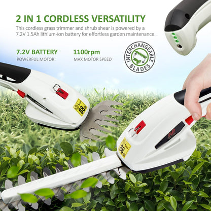 2-in-1 Cordless Hedge Trimmer & Grass Shear 7.2V 1500mAh 6.7in Blade Black White