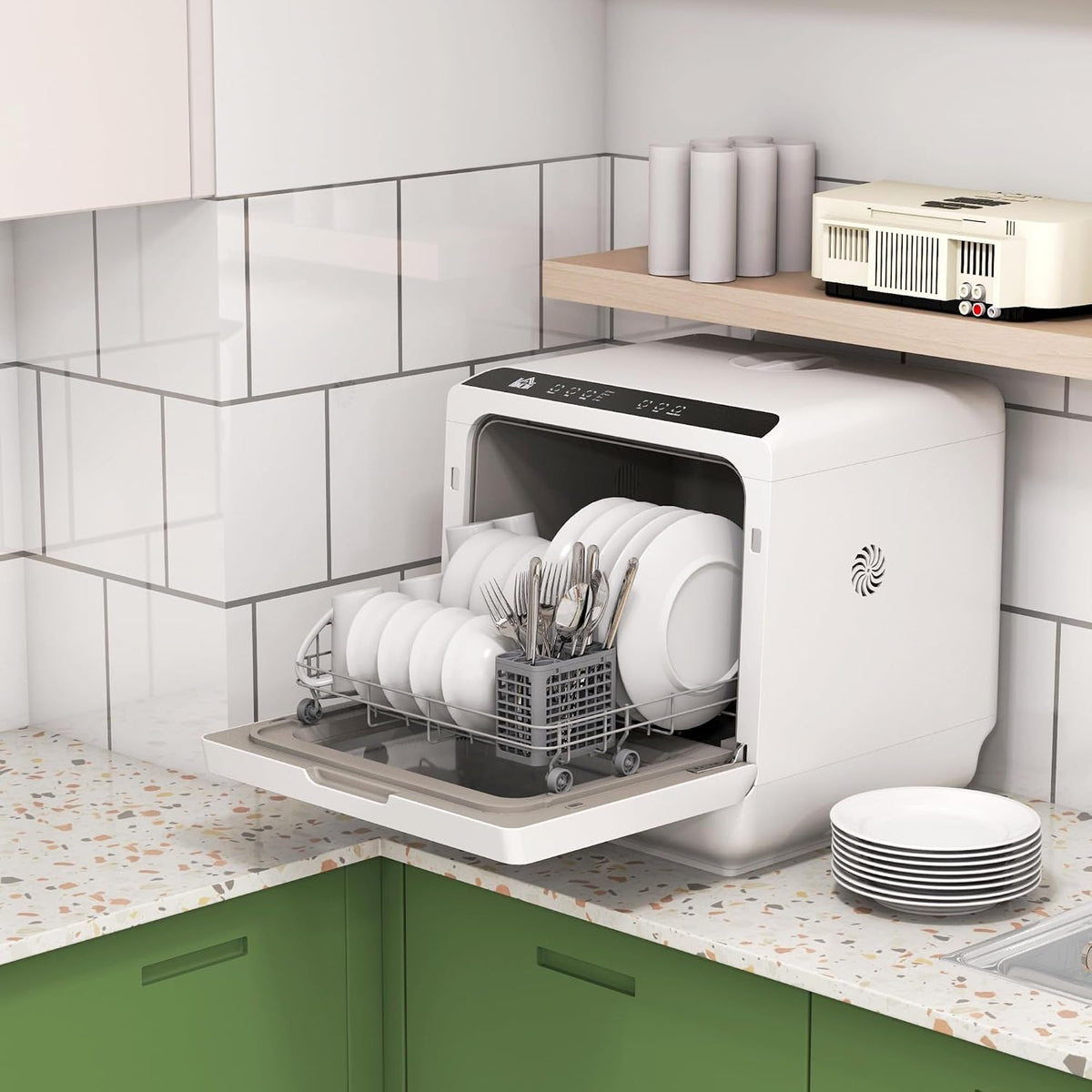 Table Top Dishwasher 6.3 Qt Built-In Tank 4 Place Settings Touch Control White