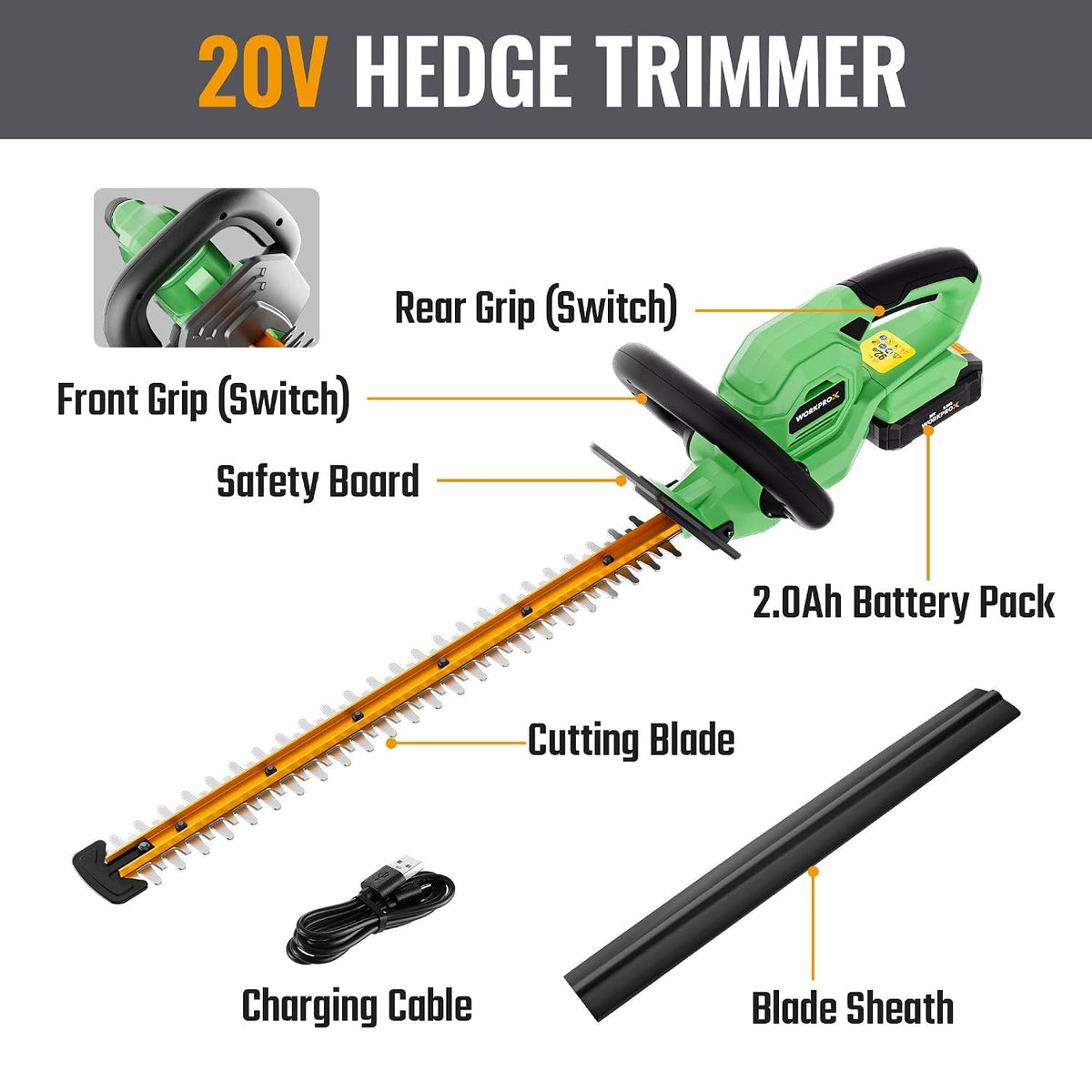 Cordless Hedge Trimmer 20.08in 1200RPM 0.71in Pruning Capacity Green