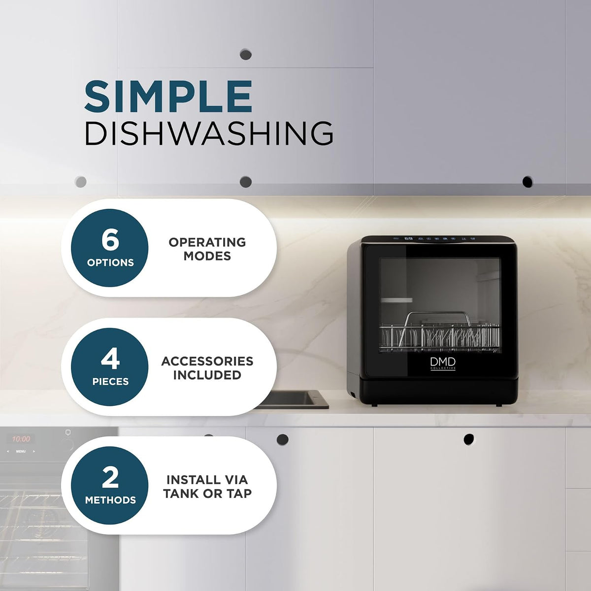 Mini Countertop Dishwasher 5.3 Qt Touch Control LED Display 6 Programs Black