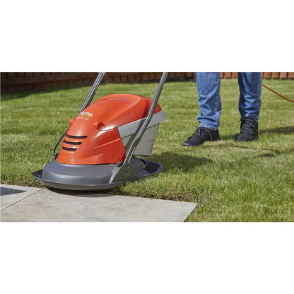 Hover Lawn Mower 9.8in 1400W 4 Gal Grass Box 4 Cutting Heights Orange Gray