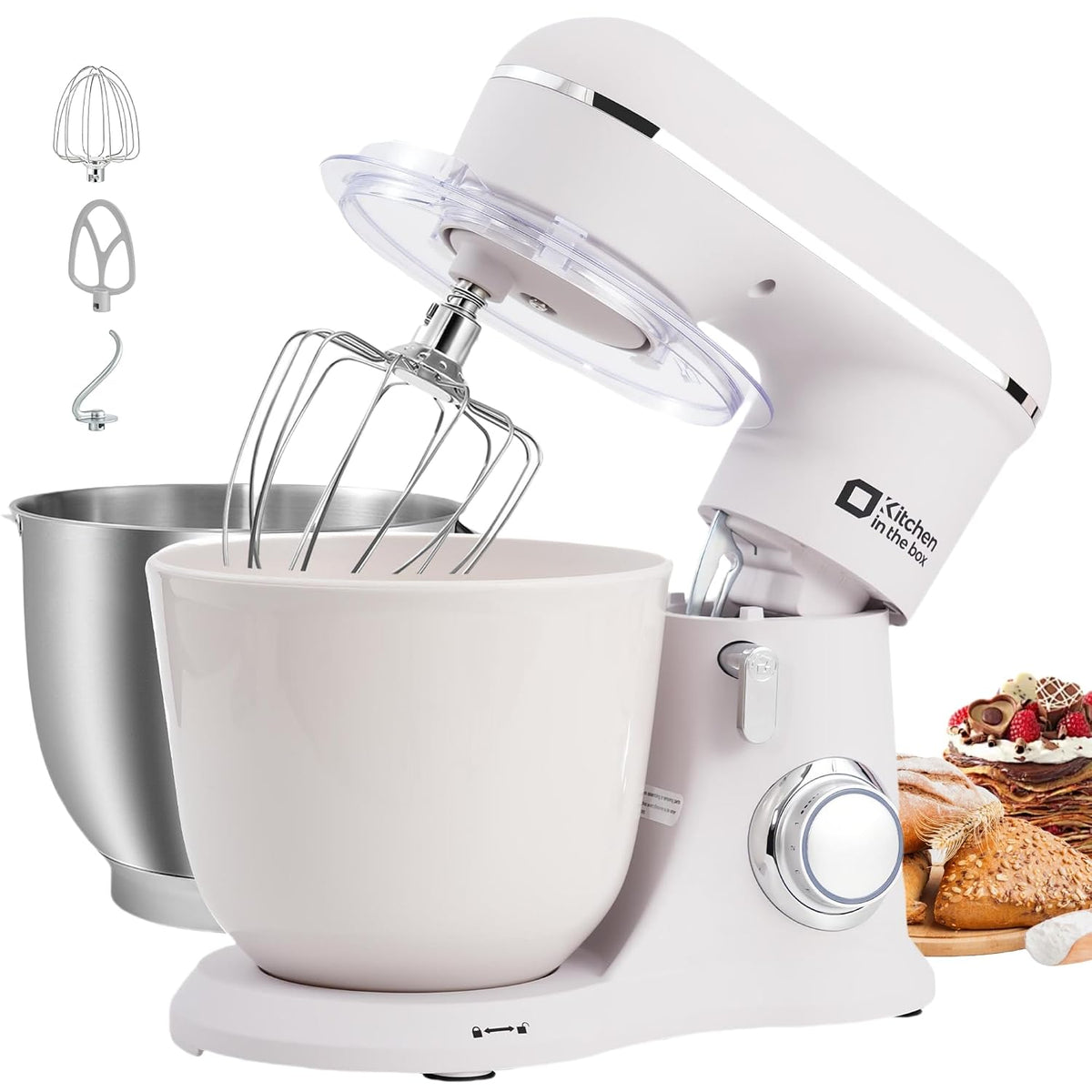 Mini Stand Mixer 3.7 Qt 10 Speed 800W Dough Hook Whisk Beater Gray White