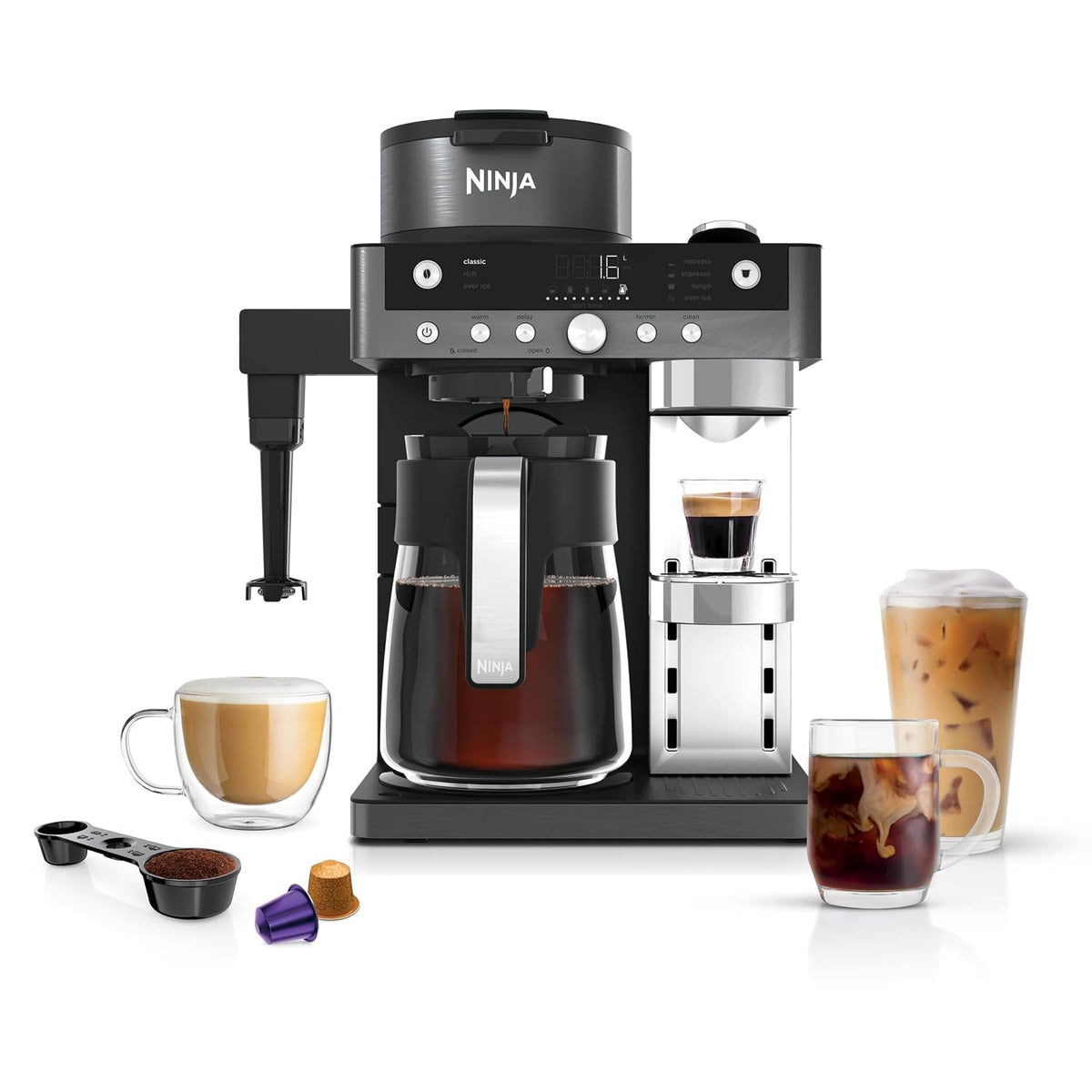 2-in-1 Filter Coffee and Pod Capsule Machine with Built-in Milk Frother 1.9 Qt Gunmetal