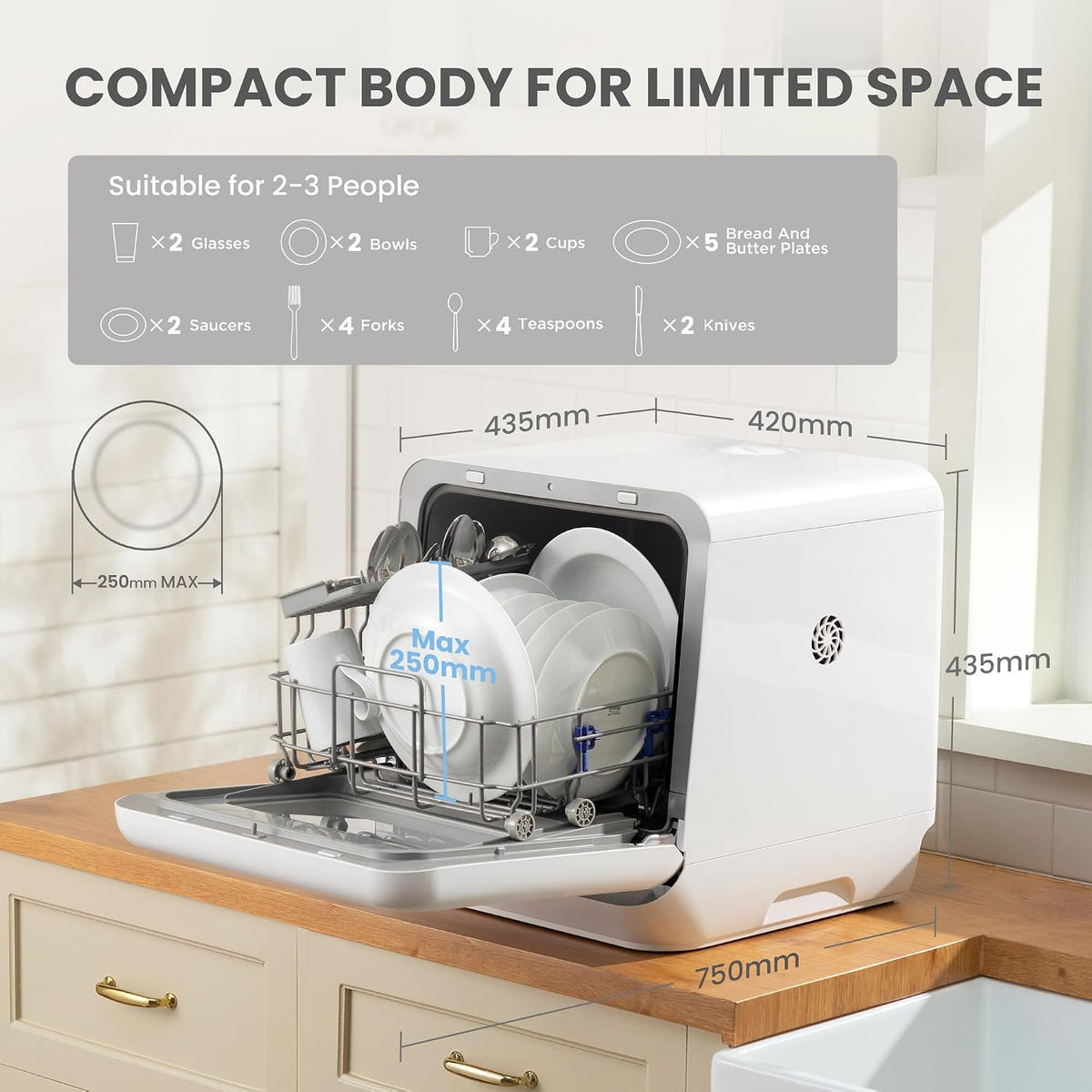 Table Top Dishwasher 6 Programs 5.3 Qt Tank 72H Storage White