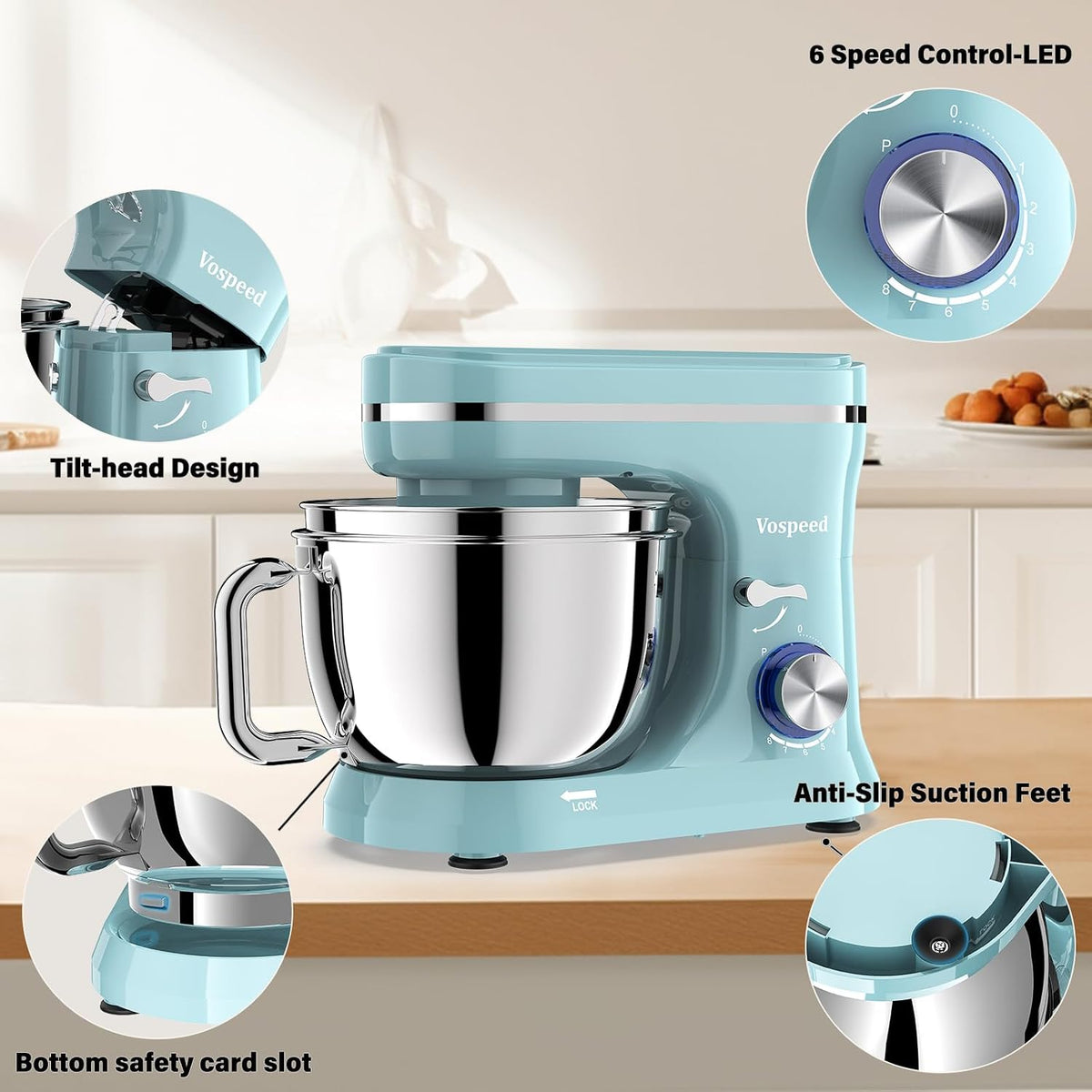 Stand Mixer 4.8 Qt+5.3 Qt Bowls 8-Speed 1000W Tilt-Head Blue