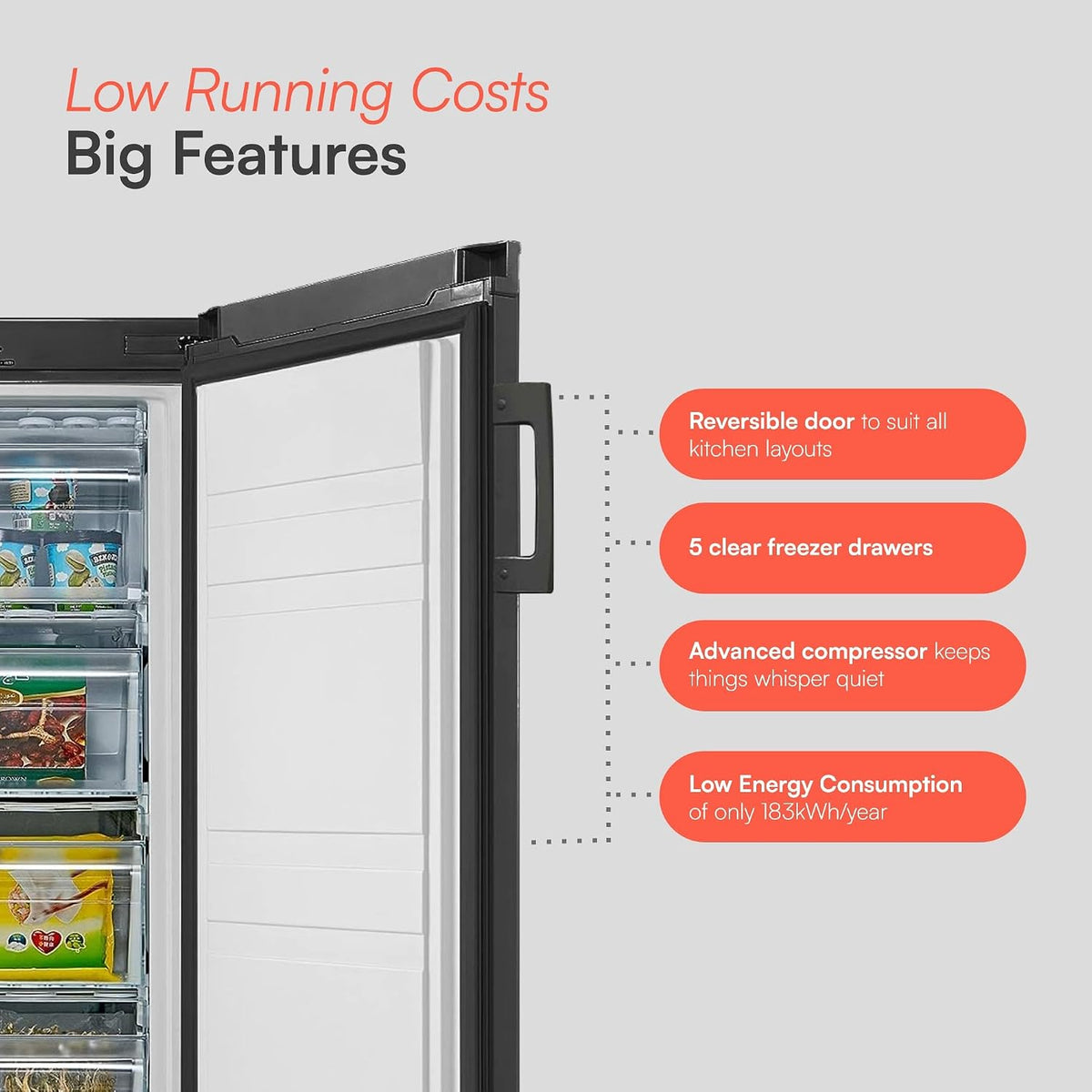 Tall Freestanding Freezer 5 cu ft Reversible Door 42dB Black
