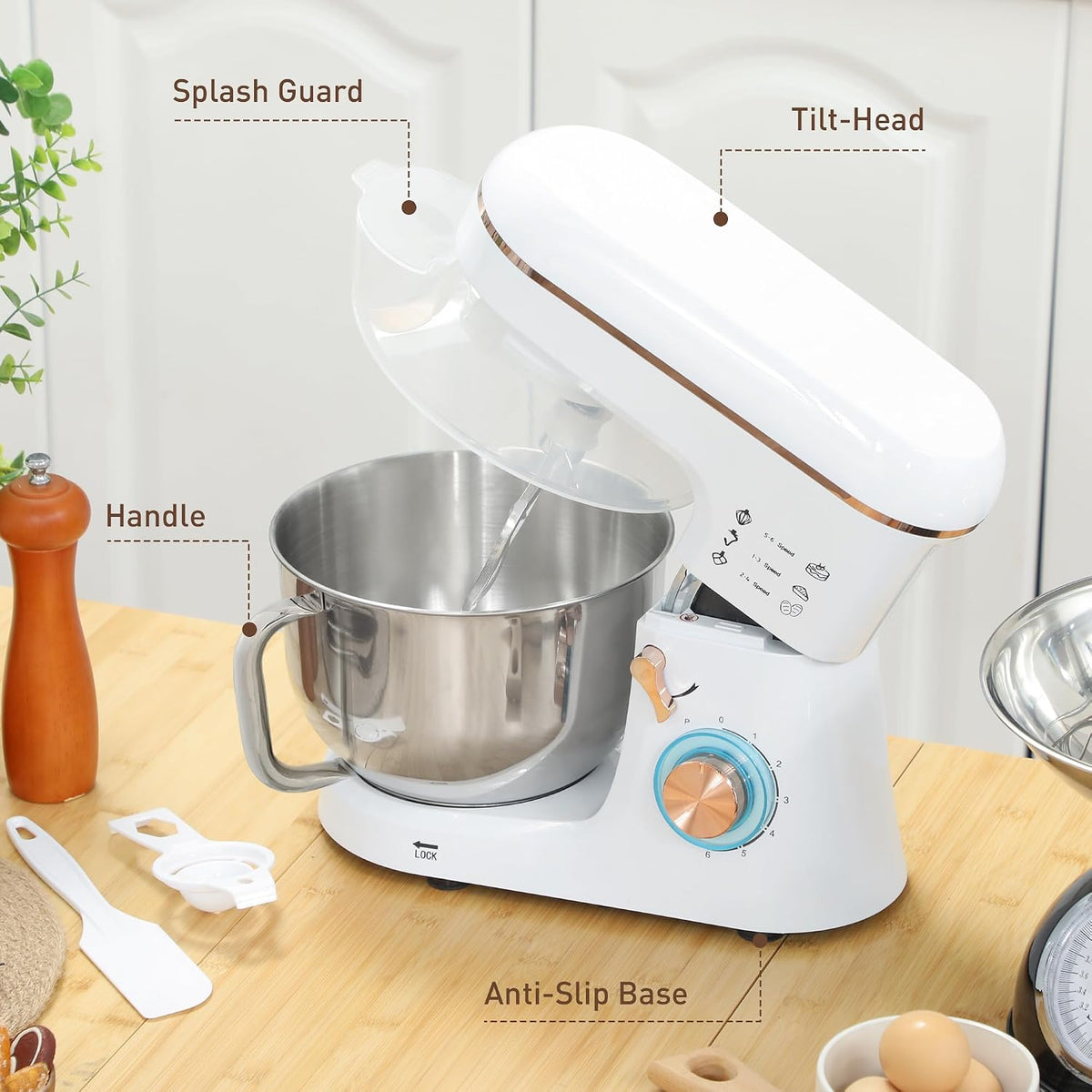 Stand Mixer 1400W 5.3 Qt 6 Speeds Pulse Setting Stainless Steel Bowl White