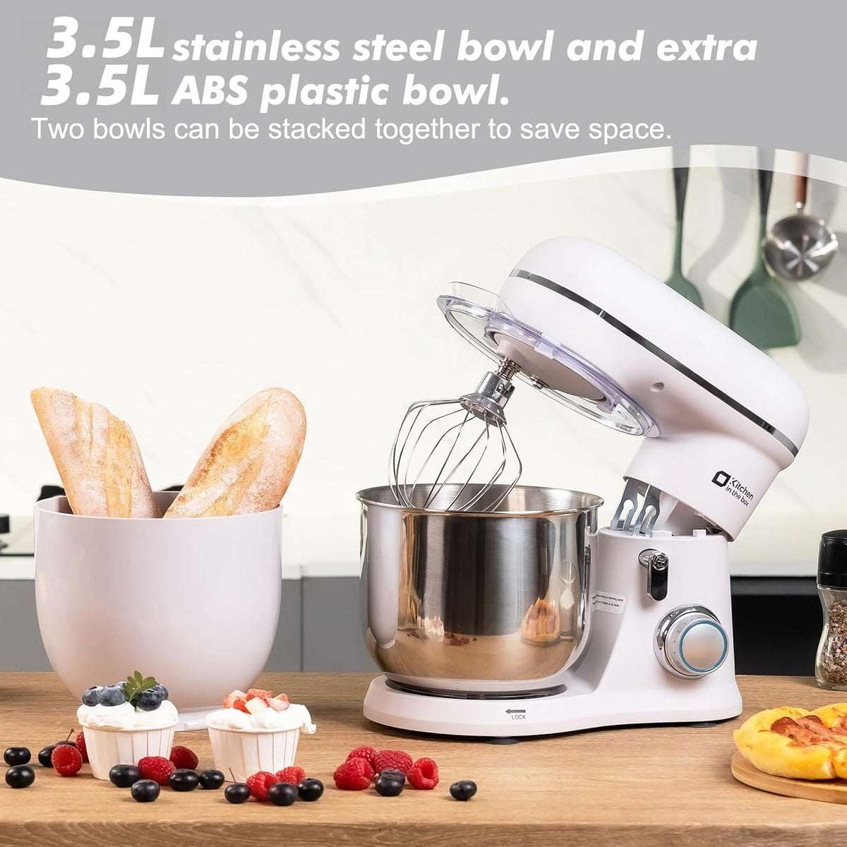 Mini Stand Mixer 3.7 Qt 10 Speed 800W Dough Hook Whisk Beater Gray White