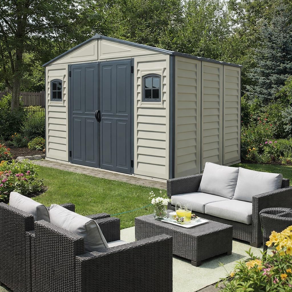 Plastic Garden Storage Shed 10.5 X 8 Ft Double Doors Lockable Dark Gray