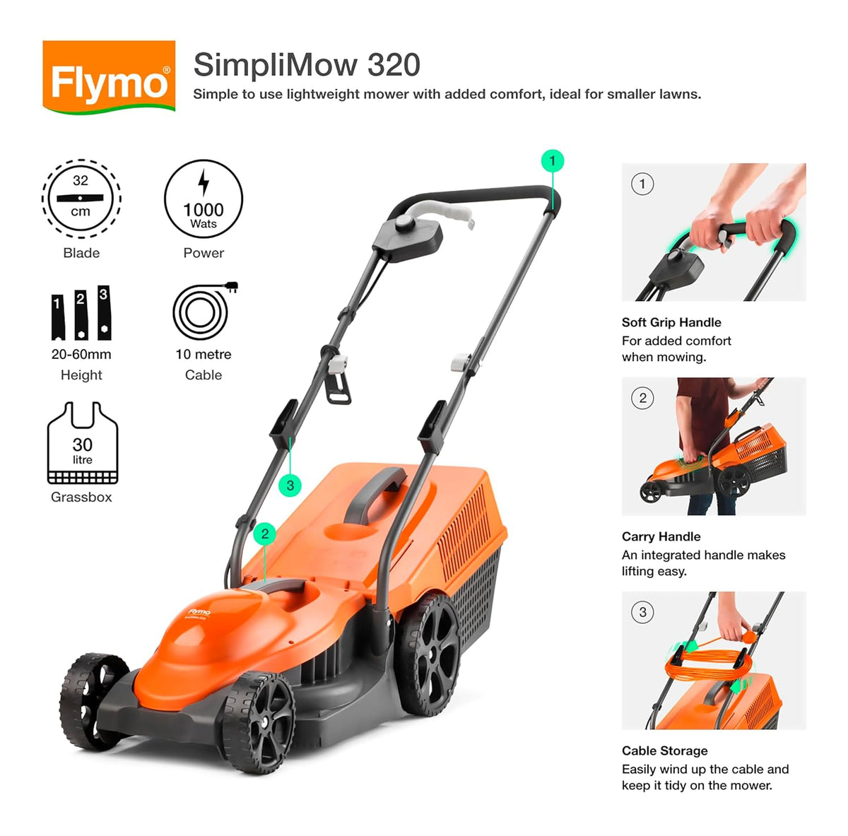 Corded Wheeled Lawn Mower 12.6in 1300W 7.9 Gal Grass Box Orange Gray