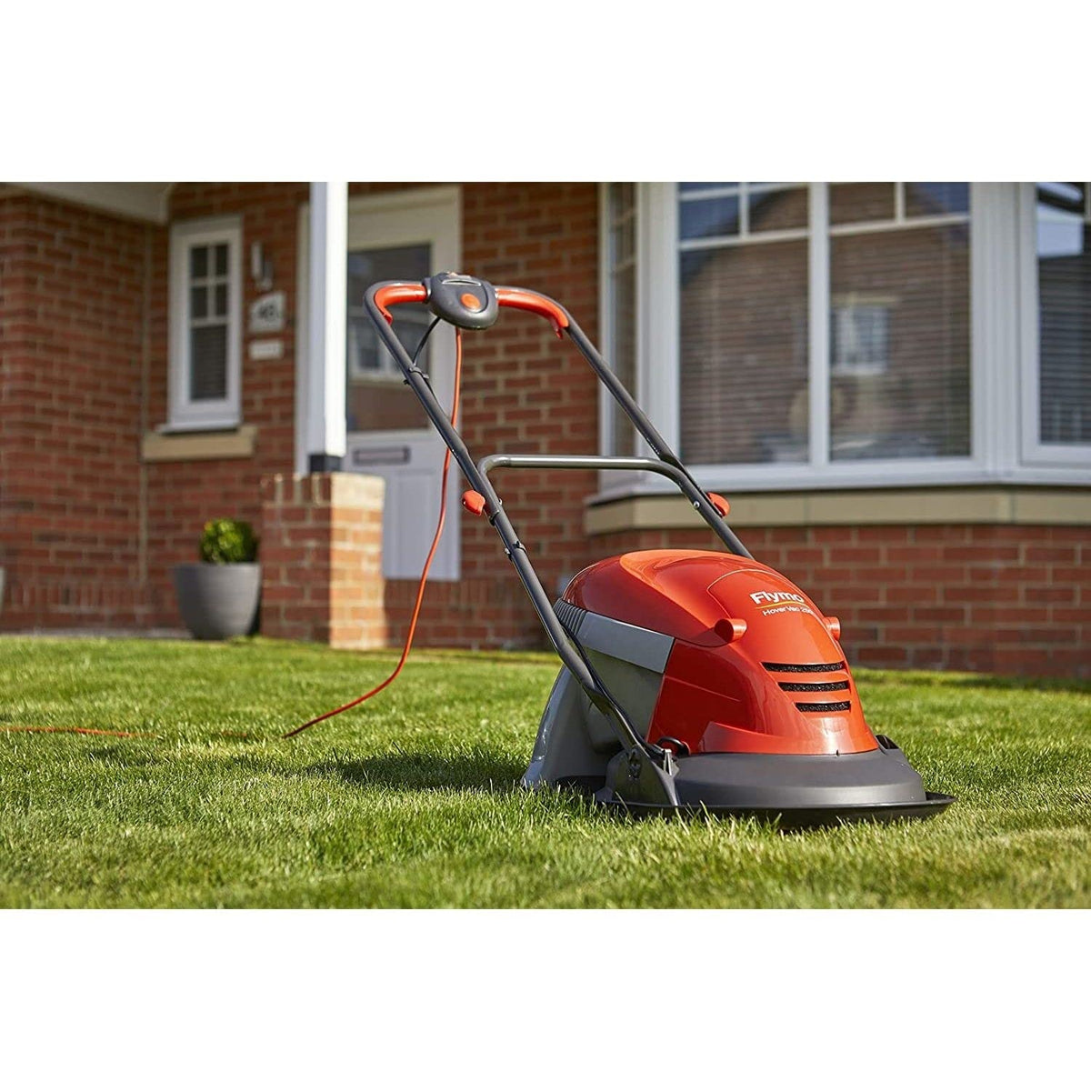 Hover Lawn Mower 9.8in 1400W 4 Gal Grass Box 4 Cutting Heights Orange Gray