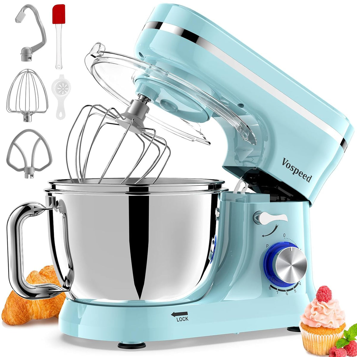 Stand Mixer 4.8 Qt+5.3 Qt Bowls 8-Speed 1000W Tilt-Head Blue