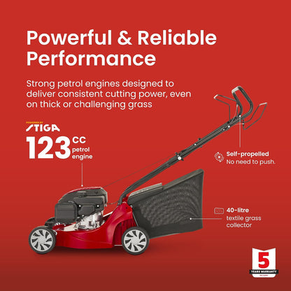 Self-Propelled Petrol Lawnmower 15.4in 123cc 10.6 Gal Grass Collector Red