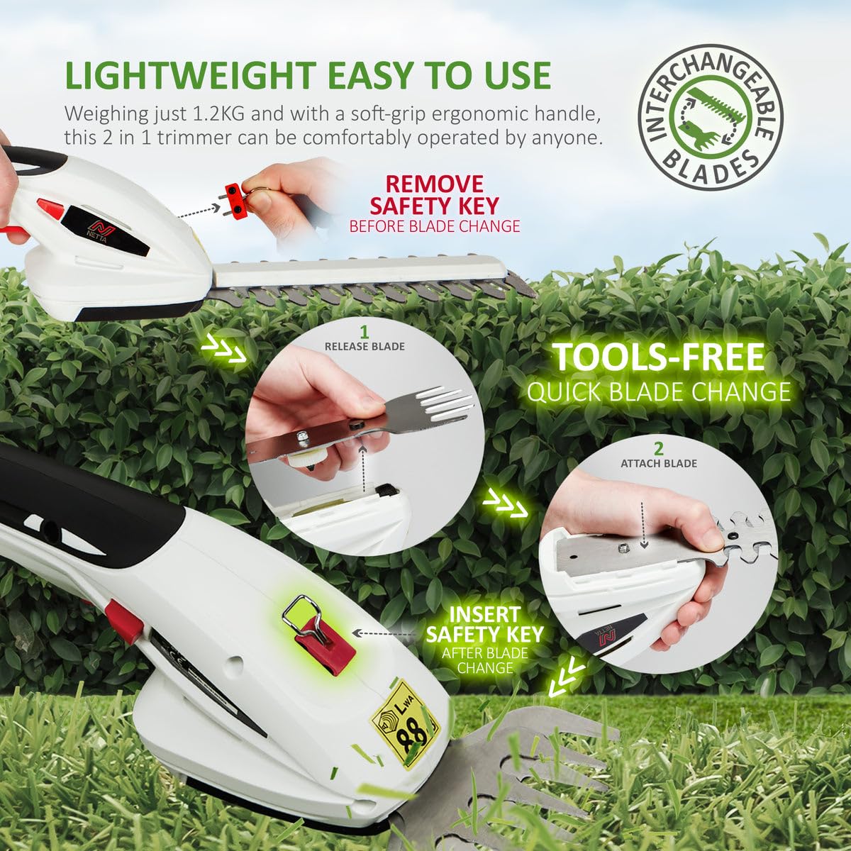 2-in-1 Cordless Hedge Trimmer & Grass Shear 7.2V 1500mAh 6.7in Blade Black White