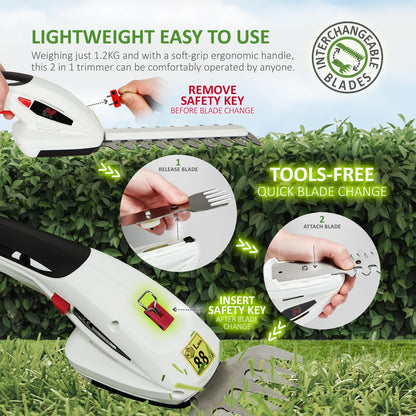 2-in-1 Cordless Hedge Trimmer & Grass Shear 7.2V 1500mAh 6.7in Blade Black White