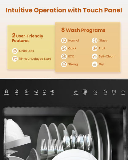 Countertop Dishwasher 5.3 Qt 8 Programs With Water Softener Black