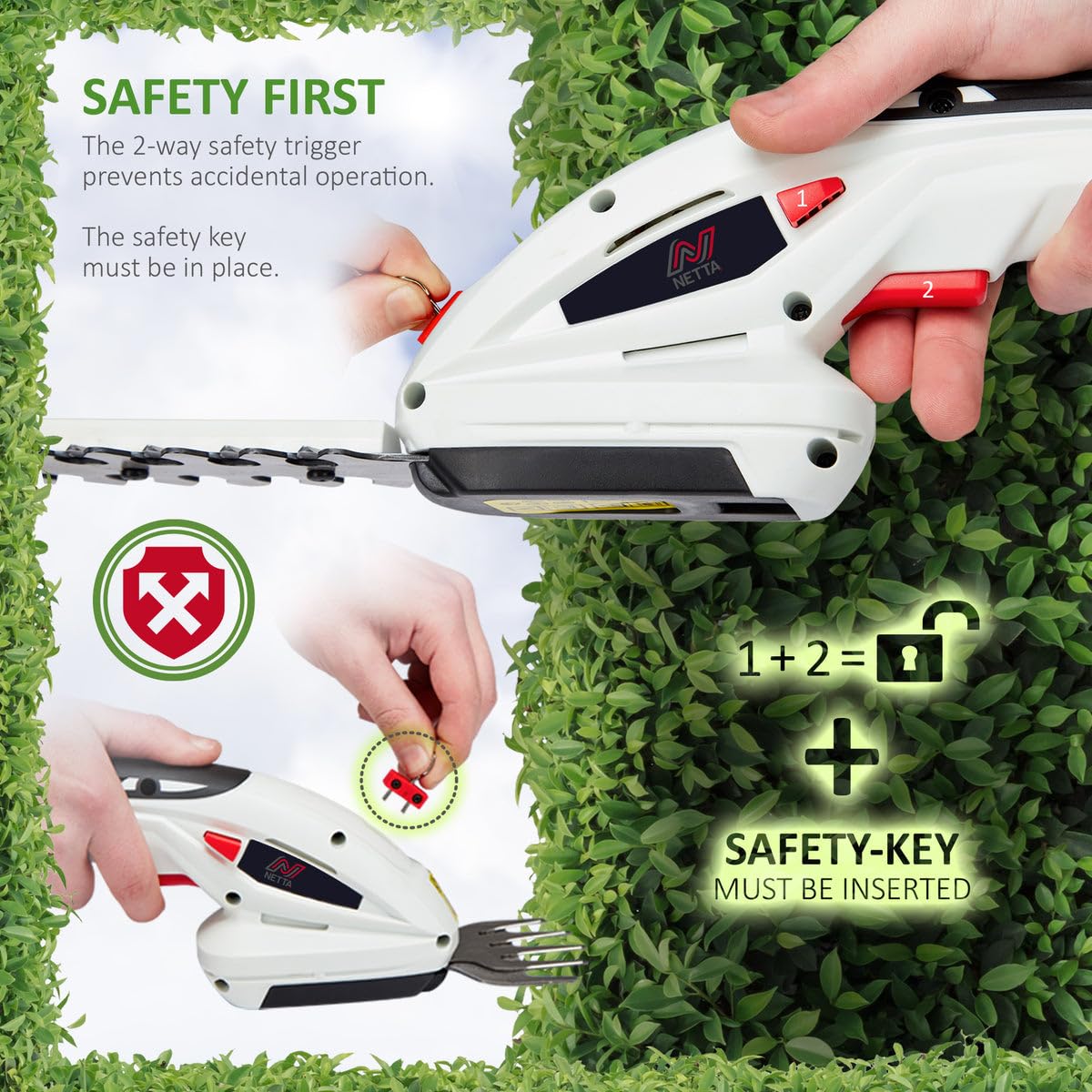 2-in-1 Cordless Hedge Trimmer & Grass Shear 7.2V 1500mAh 6.7in Blade Black White