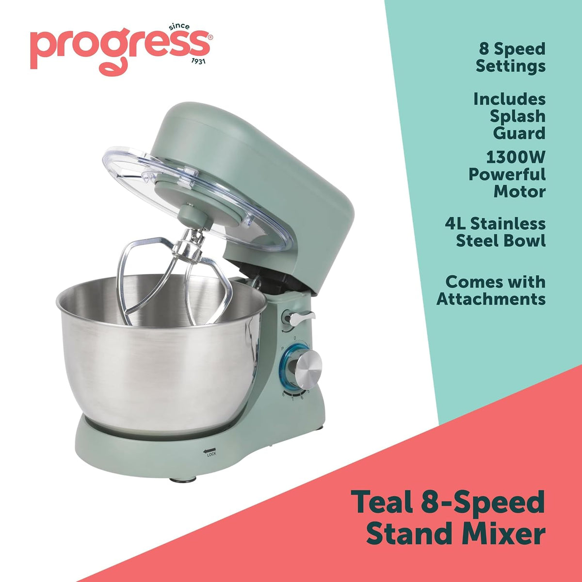 Stand Mixer 4.2 Qt 1300W 8 Speeds With Pulse Function Teal