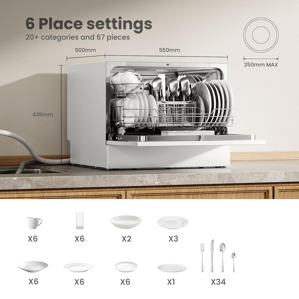 Table Top Dishwasher 6 Place Settings 6.9 Qt LED Display Delay Start White