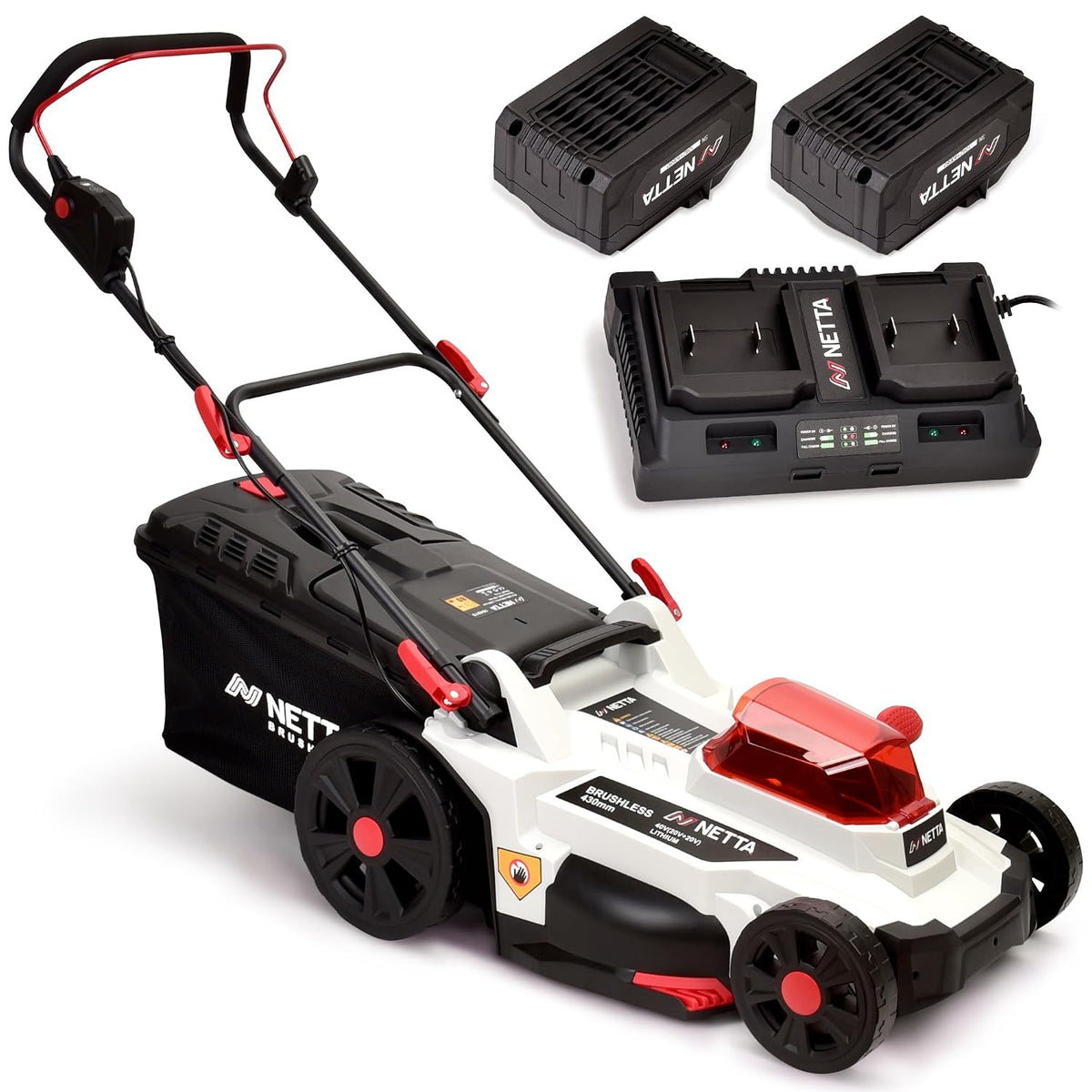Cordless Lawn Mower 14.6in 40V 2x4.0Ah Batteries 6 Heights 9.2 Gal
