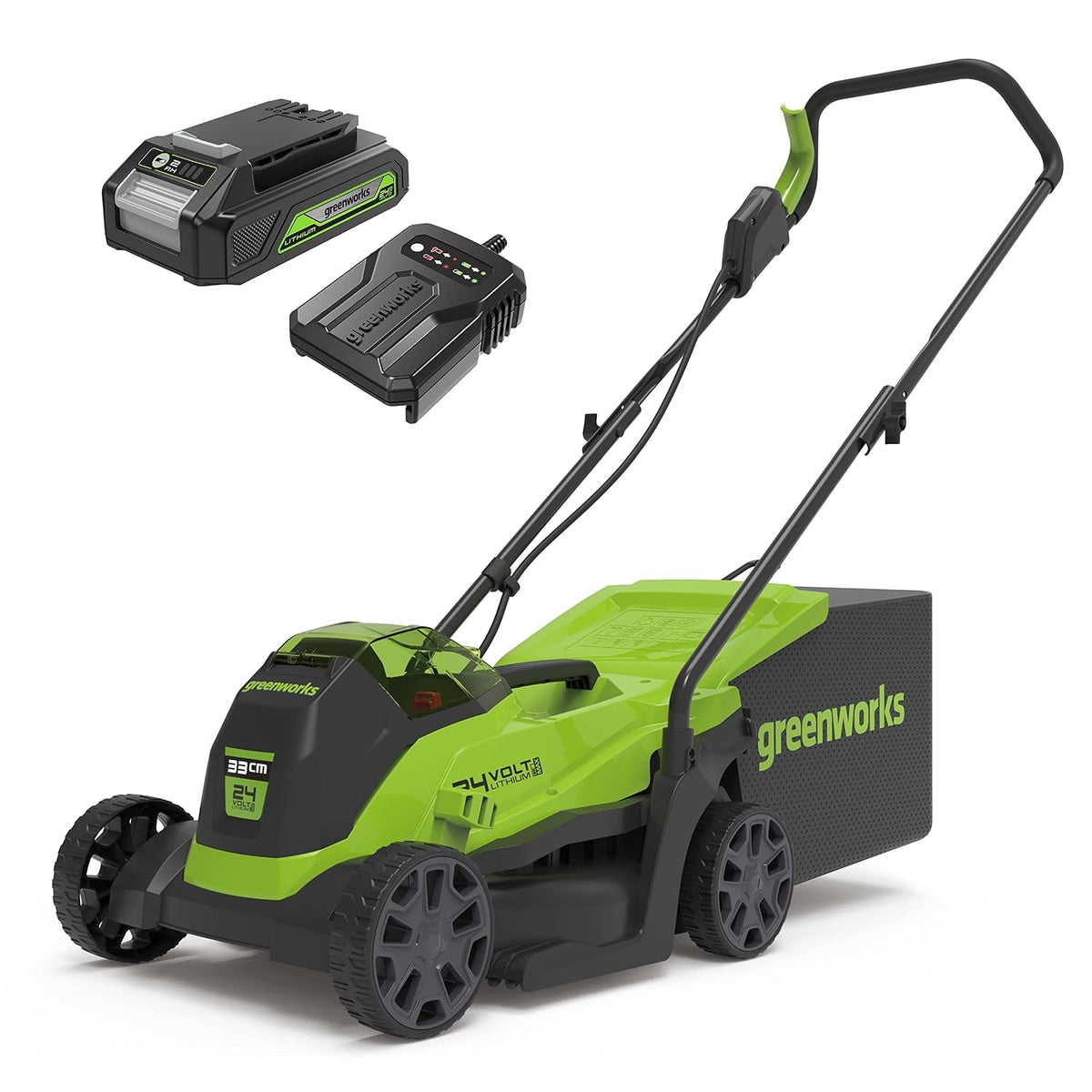 Cordless Lawn Mower 13in 24V Brushless Motor 7.9 Gal Bag 4Ah Battery