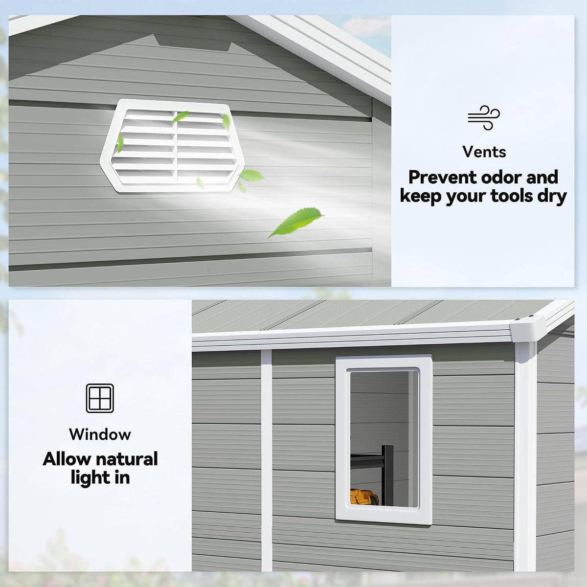 Plastic Garden Storage Shed 8 X 6 Ft Light Gray Aluminum Frame Lockable Door