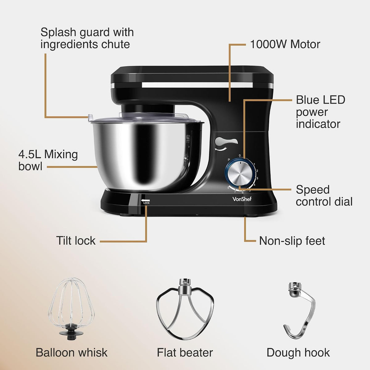 Stand Mixer 4.8 Qt 1000W 8 Speeds With Pulse Function Black