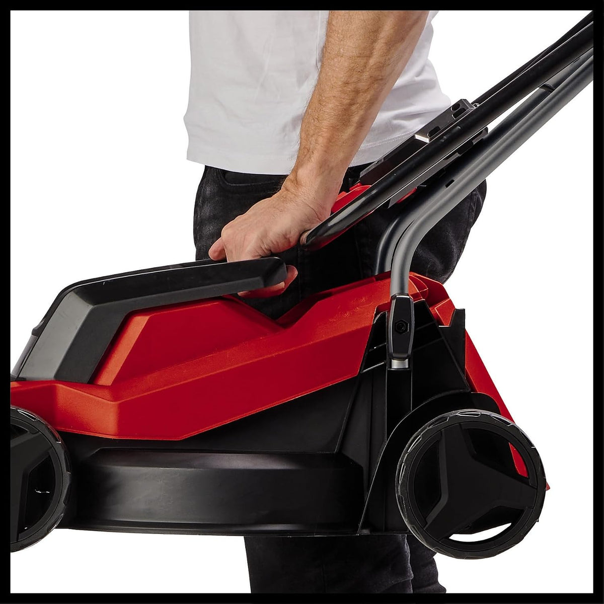 Electric Lawn Mower 12.6in 1000W 7.9 Gal Grass Box 3 Cutting Heights Red Black