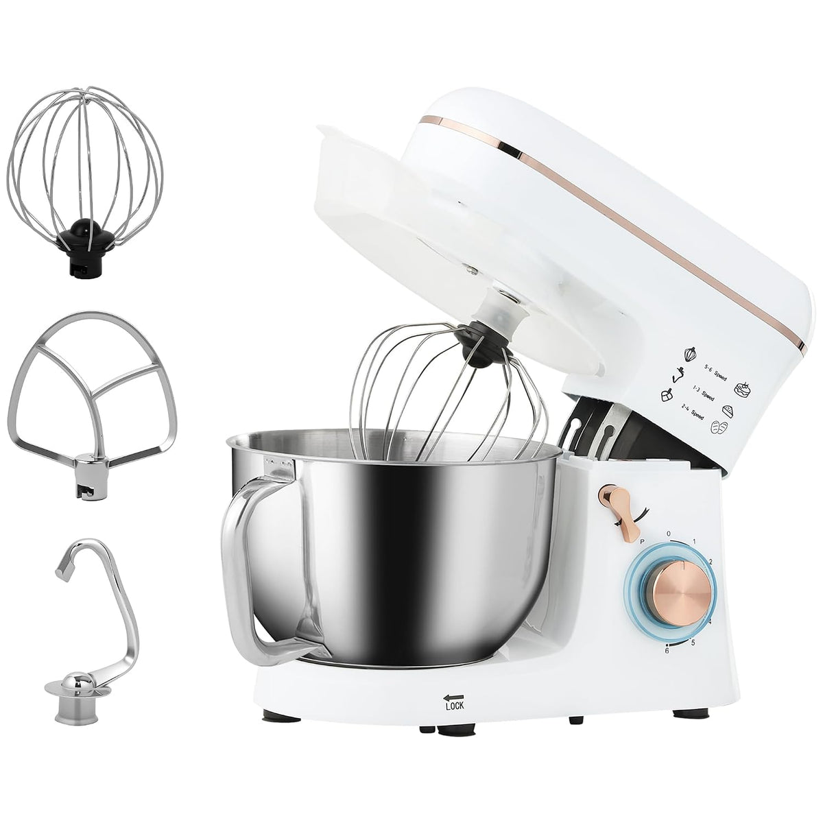 Stand Mixer 1400W 5.3 Qt 6 Speeds Pulse Setting Stainless Steel Bowl White