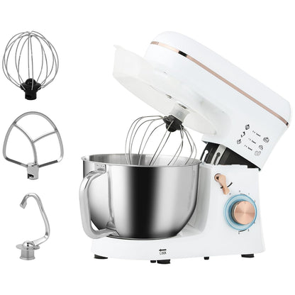 Stand Mixer 1400W 5.3 Qt 6 Speeds Pulse Setting Stainless Steel Bowl White
