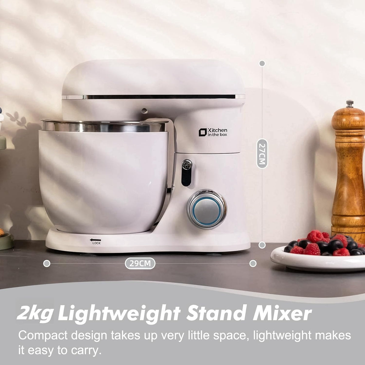 Mini Stand Mixer 3.7 Qt 10 Speed 800W Dough Hook Whisk Beater Gray White