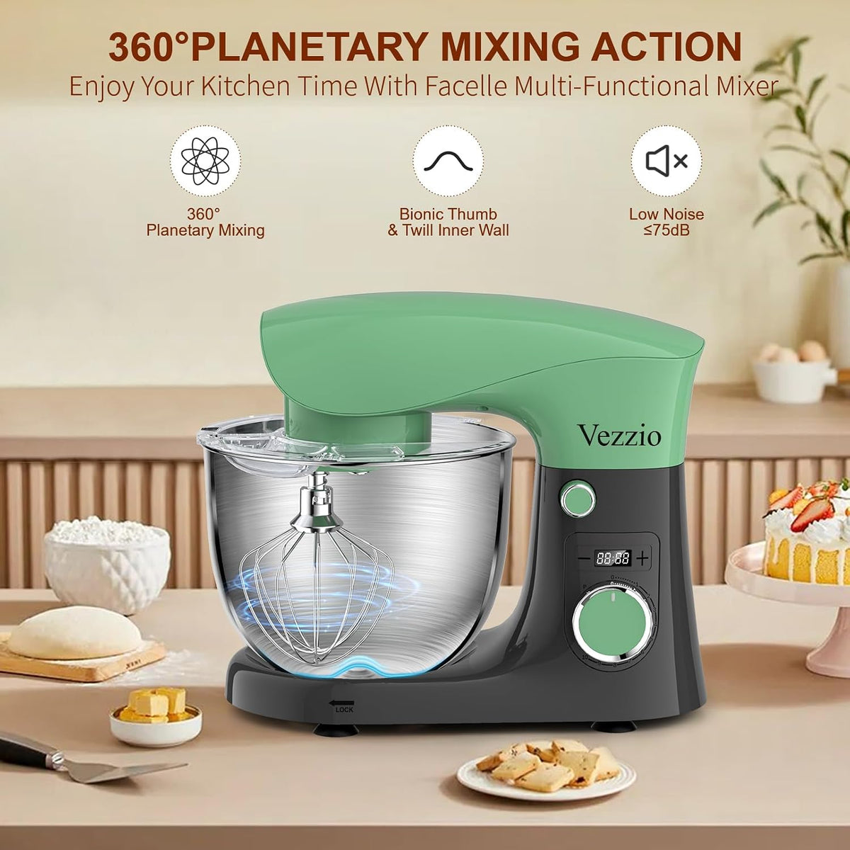 Stand Mixer 1500W 10 Speeds 5.8 Qt Tilt-Head Greengray