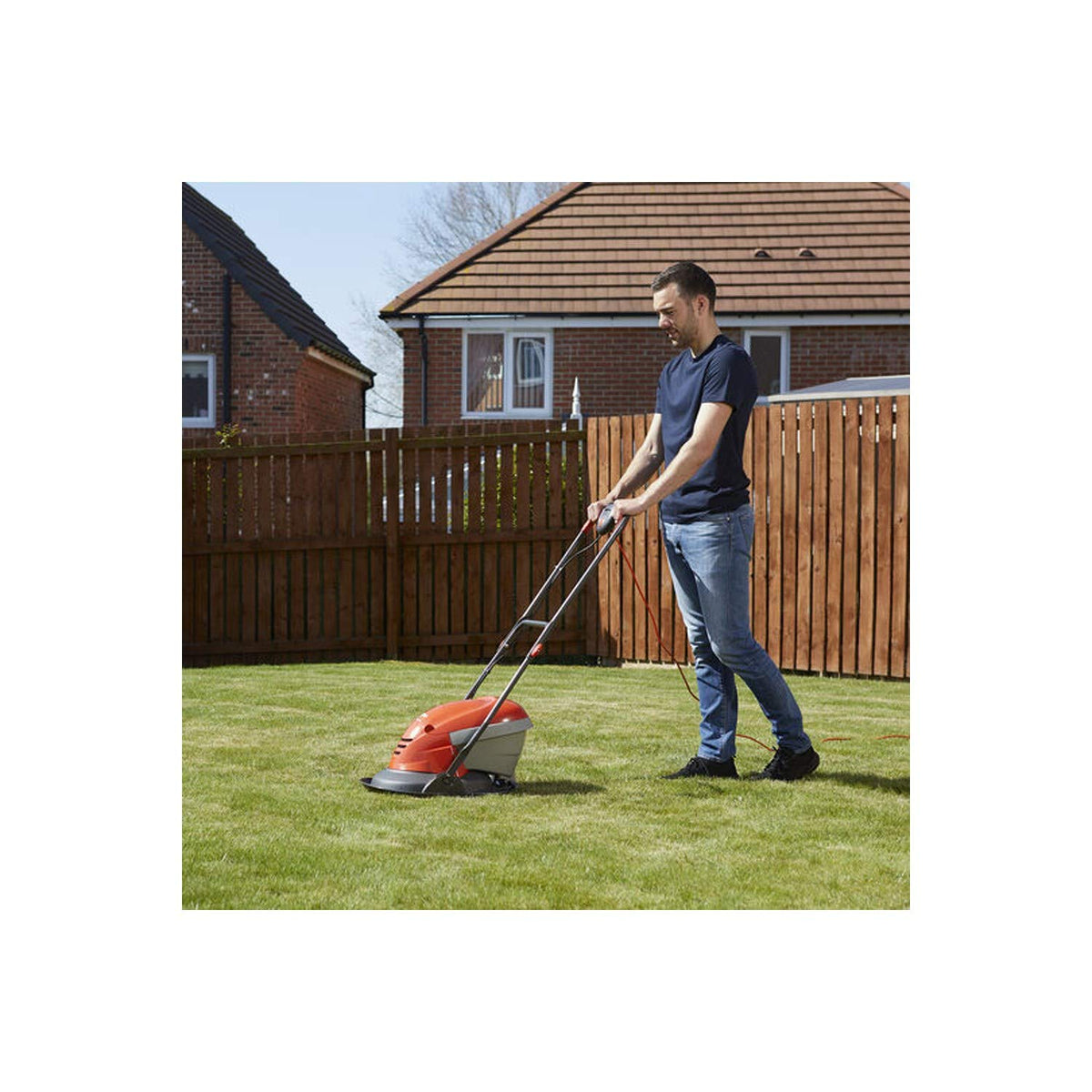 Hover Lawn Mower 9.8in 1400W 4 Gal Grass Box 4 Cutting Heights Orange Gray