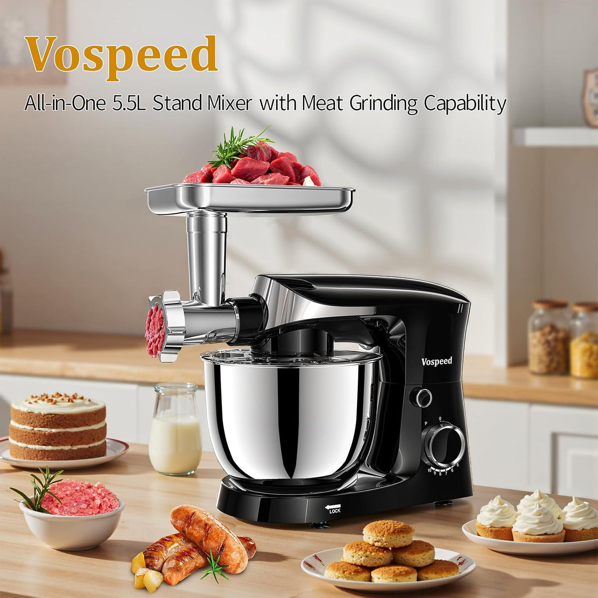Stand Mixer 1500W 5.8 Qt Tilt-Head 10 Speeds Stainless Steel Bowl Black