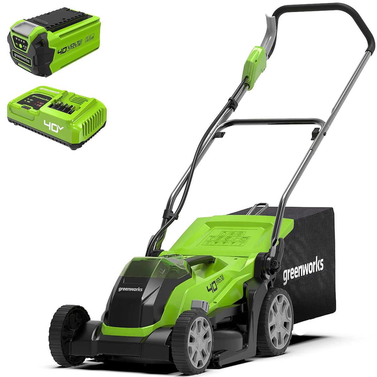 Cordless Lawnmower 16.1in Cutting Width 13.2 Gal Bag 2x 40V 2Ah Batteries