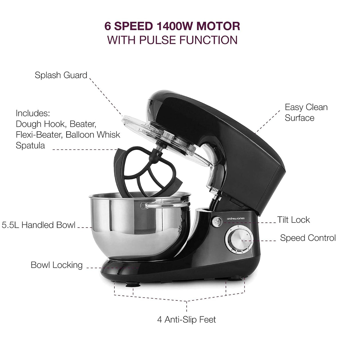 Stand Mixer 1300W 5.8 Qt Stainless Steel Bowl 6 Speeds Pulse Black