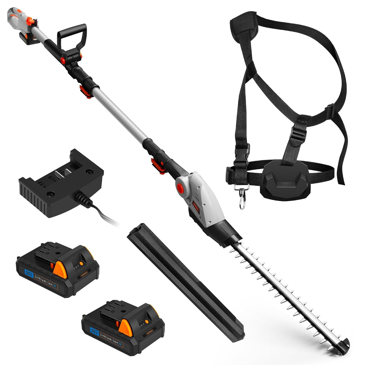 Cordless Pole Hedge Trimmer 76-96.1 in 20V 2 Batteries Harness Gray